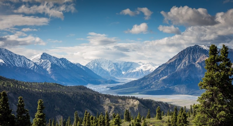 Green mountain valley with forest, river, and snow-capped peaks under a bright sky